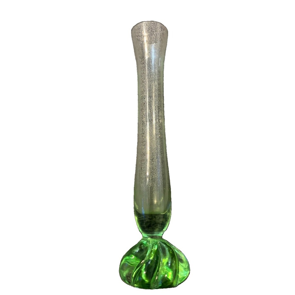 Vintage Green Hand Blown Art Glass Bud Vase Applied 6 Petal Base MCM 7.5"